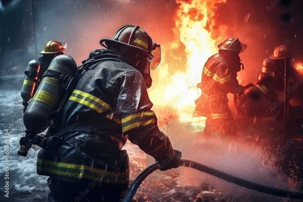 A group of firefighters actively battling a fire. This image can be ...