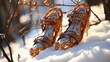 A pair of snowshoes leaning against a snowy tree.