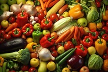 A Vibrant Pile Of Assorted Fruits And Vegetables. This Image Can Be Used For Healthy Eating, Nutrition, And Cooking Concepts