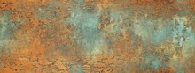 Seamless Oxidized Copper Patina Sheet Metal Wall Panel Grunge Background Texture. Vintage Antique Weathered And Worn Rusted Bronze Or Brass Abstract Pattern