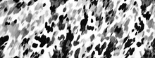 Seamless Soft Fluffy Large Mottled Cow Skin, Dalmatian Or Calico Cat Spots Camouflage Pattern. Realistic Black And White Long Pile Animal Print Rug Or Fur Coat Fashion Background Texture