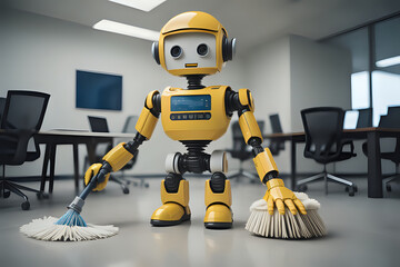 Canvas Print - Humanoid robot cleanin office