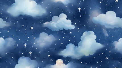 Wall Mural - Starry night clouds watercolor seamless pattern