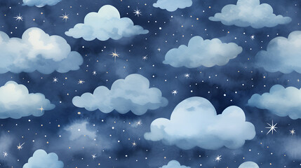 Wall Mural - Starry night clouds watercolor seamless pattern