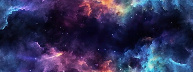 Seamless space texture background. Stars in the night sky with purple pink and blue nebula. A high resolution astrology or astronomy backdrop pattern