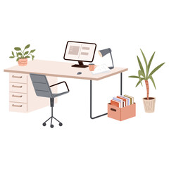 Wall Mural - Design of modern empty office working place front view desk, chair, computer, plants in pot. Coworking space interior. Workplace of employees, open office. Work table with monitor isolated on white