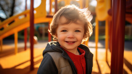 Sticker - Little boy preschooler playing on the playground outside