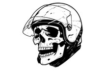 Skull In A Motorcycle Helmet Hand Drawn Ink Sketch. Engraved Style Vector Illustration