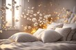 pillows flying over the bed in white room. ai generative