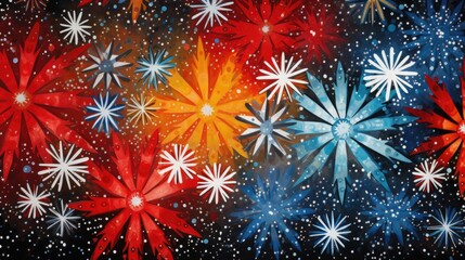 Colorful Christmas background pattern of abstract snowflakes falling in the night sky.