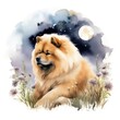 Chow chow dog with flower in the night Watercolor