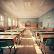 © tope007 - Empty Classroom. Back to school concept in high school. Classroom Interior Vintage Wooden Lecture Wooden Chairs and Desks. Studying lessons in secondary education,Ai generative.