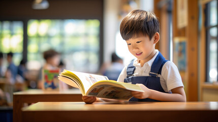 Sticker - A little boy preschooler reading a book sitting at his desk in the classroom