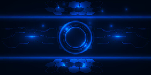 Wall Mural - Abstract blue futuristic digital hi tech technology background with circle head up display interface and digital circuit network for advertising and game artwork.