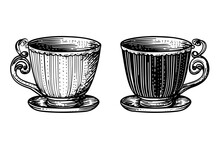 Set Of Vintage Cups Or Mugs Hand Drawn Ink Sketch. Engraved Style Vector Illustration.