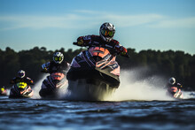 The thrill of speed captured as jet ski riders race across a crowded lake, leaving trails of frothy water in their wake