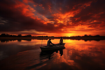 Wall Mural -  A vivid sunset paints the sky with shades of orange and pink, as anglers in boats cast their lines into the lake, hopeful for a catch