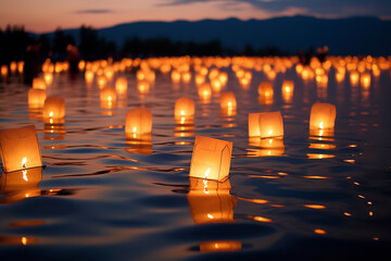 Poster - glowing floating lanterns onto a lake during a cultural festival, creating a spectacle of lights dancing on the water