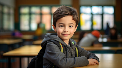 Wall Mural - Little preschooler sits at a desk in the background of a classroom