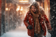 Beautiful Girl In A Winter Coat Walking On The Street In Winter