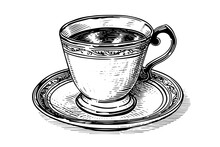 Vintage Cup On A Plate Hand Drawn Ink Sketch. Engraved Style Vector Illustration