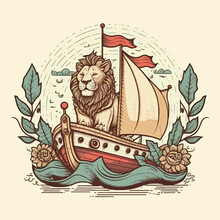 Cute Cartoon Lion On A Sailing Ship Vector Illustration