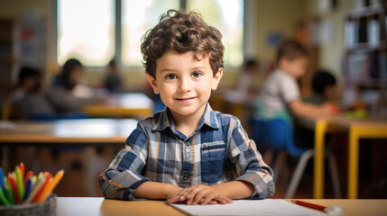 Wall Mural - Little preschooler sits at a desk in the background of a classroom