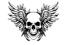Skull With Wings Hand Drawn Ink Sketch. Engraved Style Vector Illustration