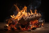 Fototapeta  - Burning firewood on a dark background. Close-up. Yule Log: A Cozy Winter Tradition