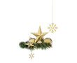 golden christmas star balls snowflakes decoration  on pine twigs isolated placable 3D CAD rendering