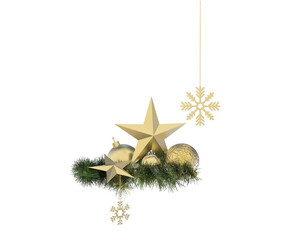 Wall Mural - golden christmas star balls snowflakes decoration  on pine twigs isolated placable 3D CAD rendering