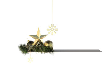 Wall Mural - golden christmas star balls snowflakes decoration on pine twigs placed frontal on white shelf isolat