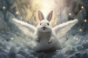 cute bunny with wings on snow, Merry Christmas greeting card. Generative Ai