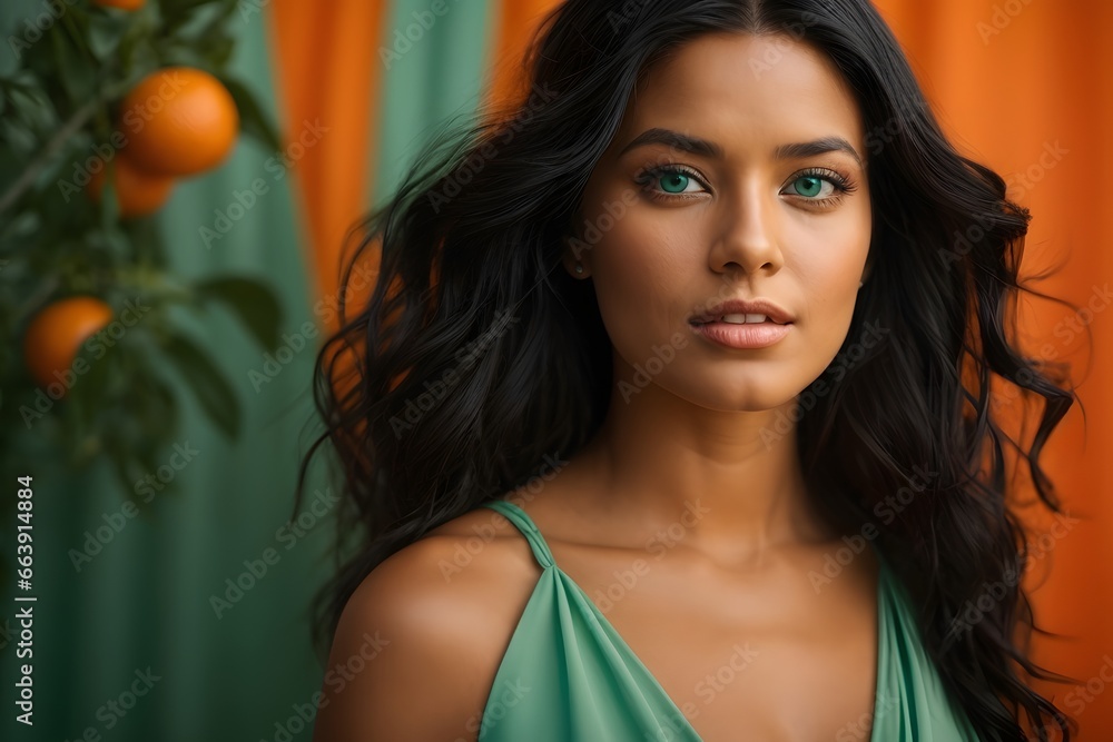 Attractive woman in light green dress with a blue eyes and long cutly ...