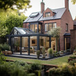 British home detached cottage with modern and traditional elements, country gardens