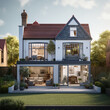 British home detached cottage with modern and traditional elements, country gardens
