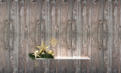 Wall Mural - golden christmas star balls snowflakes decoration on pine twigs placed frontal on lighted white shel