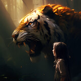 Fototapeta Kuchnia - The tiger growls and the little girl nearby. Not afraid of the tiger, strokes it. Tigers are wild animals, and no matter how calm or tame they might appear, they can be unpredictable.