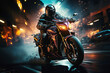 motorcyclist racer drives a sports motorcycle fast on road in the city at night. Motion blur, speed