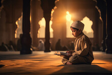Muslim Religious Little Boy Reading Holy Book Quran
