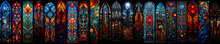 An Ultra-wide Collage Of Intricate Stained-glass Windows, Each A Masterpiece Of Radiant Colors And Intricate Designs, Showcasing The Exquisite Craftsmanship Of The Artisans Who Created Them