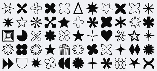 Aufkleber - Hand-Drawn Brutalist Doodle Shapes, Cool Geometric Forms. Bauhaus Minimalist Graphic Design Elements. Trendy Y2K Vector Signs. Simple Star and Flower Basic Shapes.