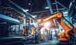 © annebel146 - Smart factory with robot production. Robotic arm futuristic hud background. Polygon robot hand as a concept of automatization, machinery, robotic technology, industrial revolution