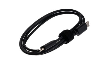 Black USB cable with plugs type A and type C at the edges on a white background