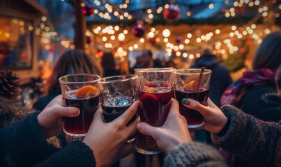 Wall Mural - Close up of friends toasting with glasses of warm mulled wine at a festive Christmas market