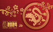 Lunar New Year themed paper graphic with oriental peach blossoms and 2024 dragon (Translation : Happy new year )	