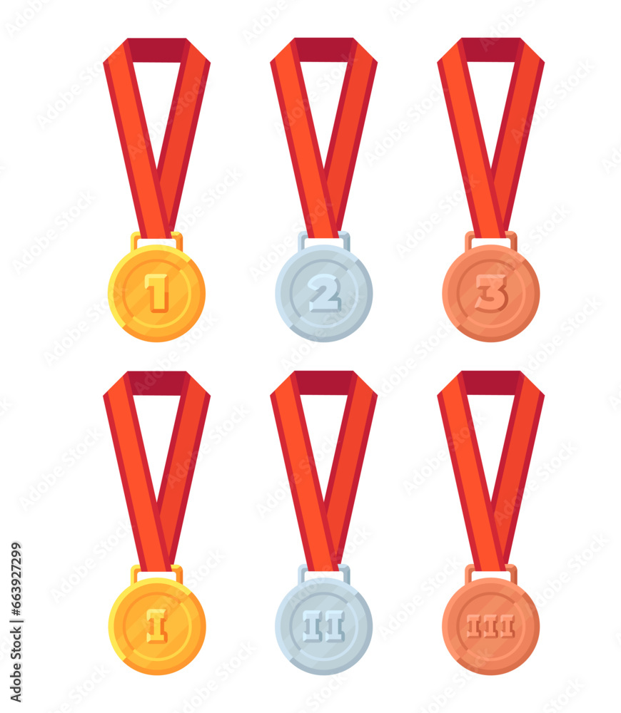 Gold, silver, and bronze medals with red ribbons. Flat illustrations of ...