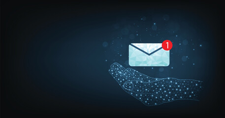 Aufkleber - Email Notification alert concept. Technology hand holding email notification icons on dark blue background.
