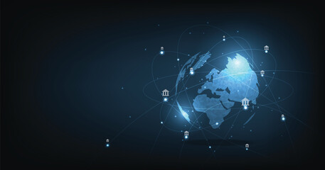 Poster - Online banking technology concept.Isometric illustration of the bank on a dark blue background. Digital connect system. Financial technology concept.Vector illustration.EPS 10.