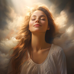 Wall Mural - a portrait of a serene person with closed eyes, a tranquil smile, and an aura of calmness, evoking a sense of inner peace and tranquility